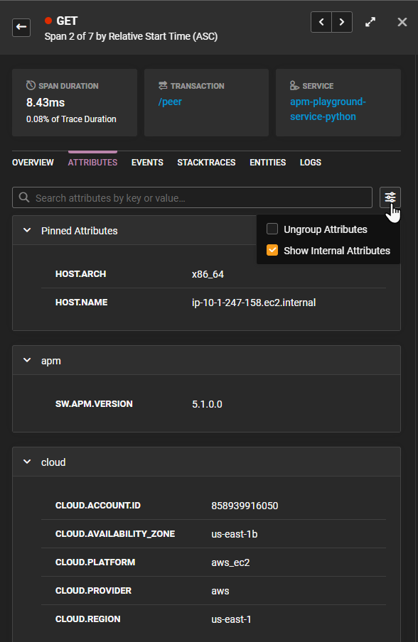 Image of the Span Details side panel in Dark Mode open to the Attributes tab. A hand pointer hovers over the in-tab Settings, Show Internal Attributes is selected, and all attributes are grouped (default view).