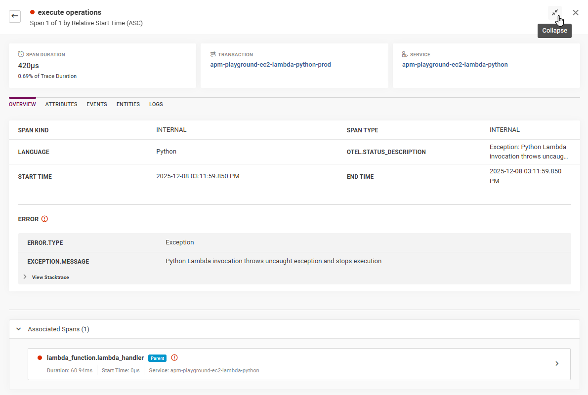 This image shows an expanded Inspector Panel containing Span Details. A mouse pointer is hovering over the expand/collapse button.