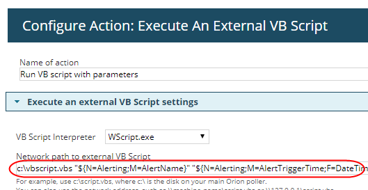 Execute an external Visual Basic script in the SolarWinds Platform