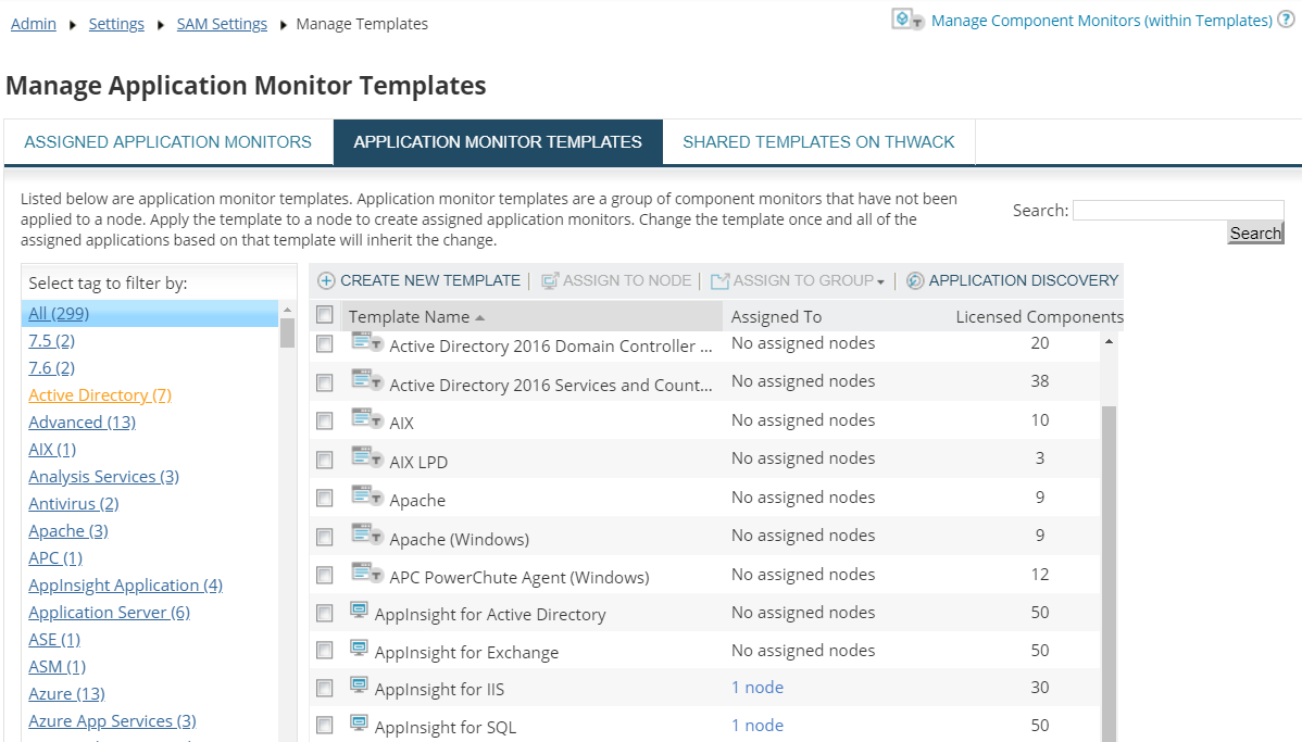 Work with SAM application monitor templates