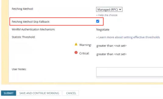 Use the Fetching Method Skip Fallback option for component monitors