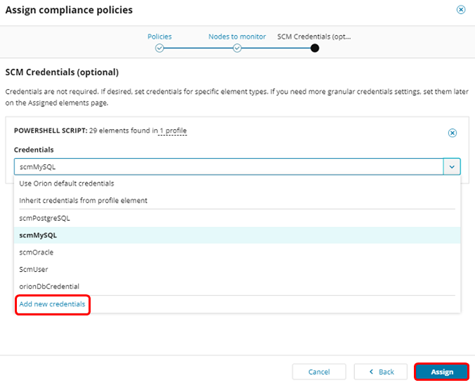 Assign credentials to a policy - Step 4
