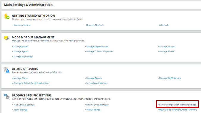 Under Product Specific Settings, click Server Configuration Monitor Settings