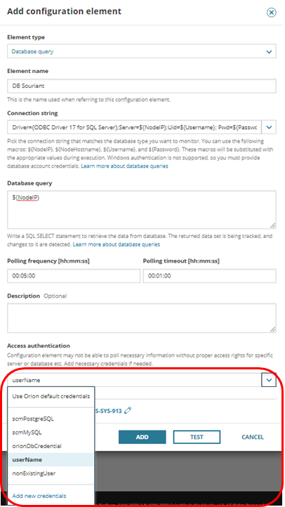 Specify SQL credentials and click TEST to test the connection