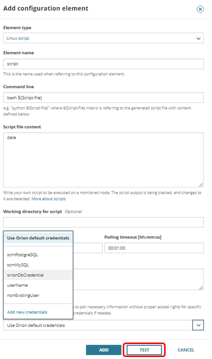 Set credential and click TEST