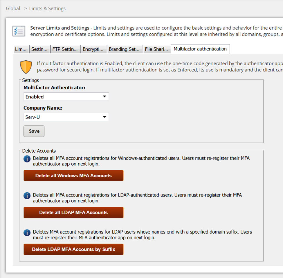 Global - Limits and Settings - Delete MFA Accounts