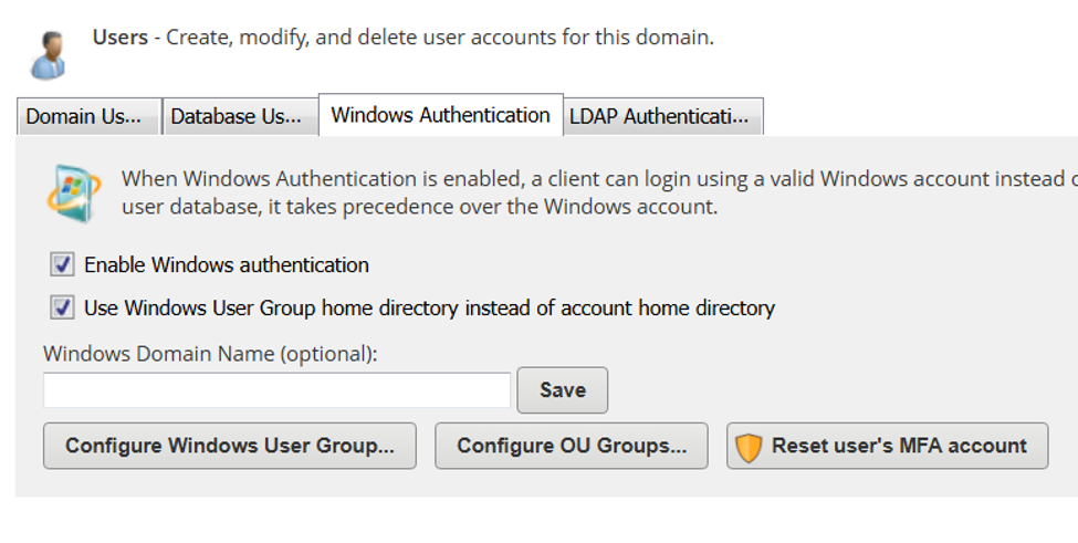 Users - Create, modify, and delete user accounts for this domain Users - Create, modify, and delete user accounts for this domain