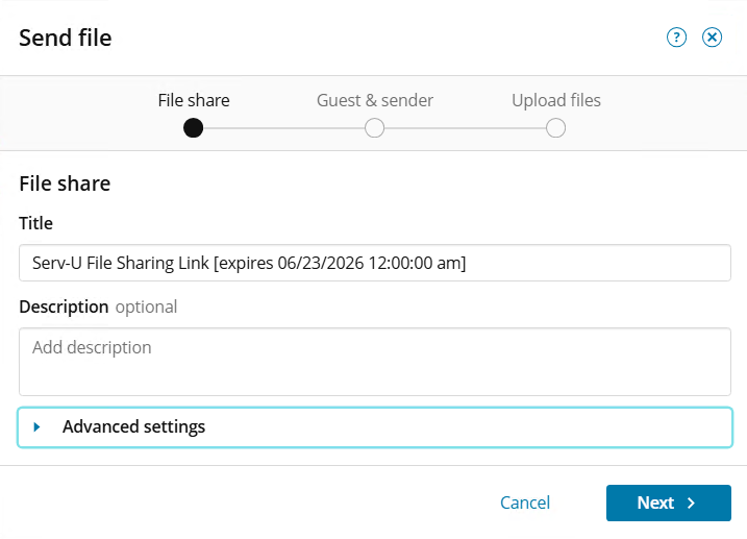 The Serv-U Send file window is displayed The Serv-U Send file window is displayed