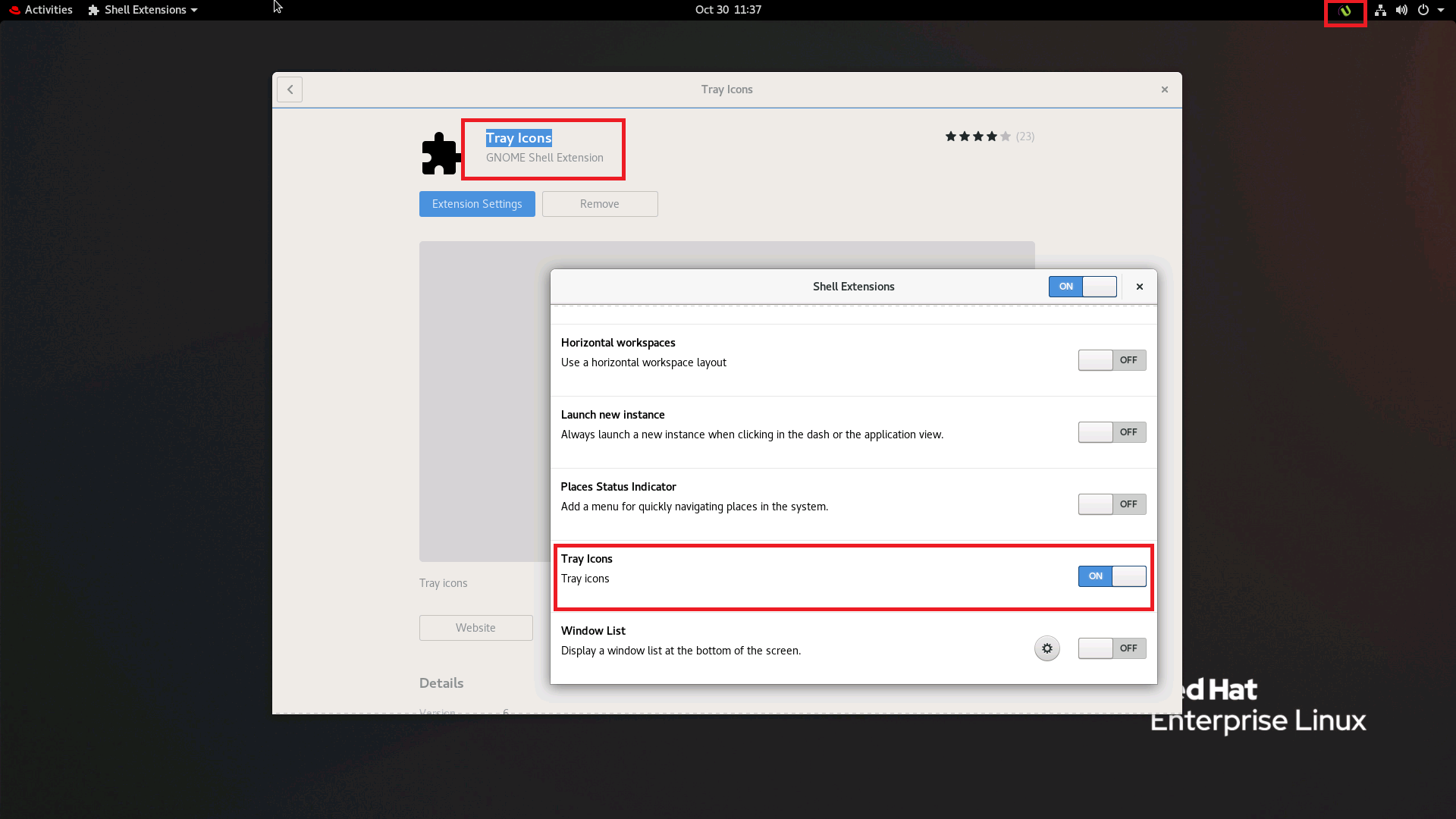 Screenshot of the Tray Icons SHELL Extension Screenshot of the Tray Icons SHELL Extension