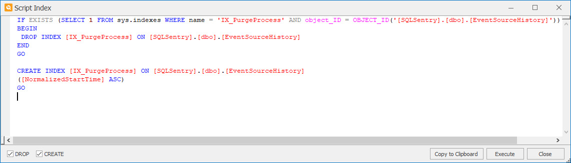 SQL Sentry Plan Explorer Script Index window