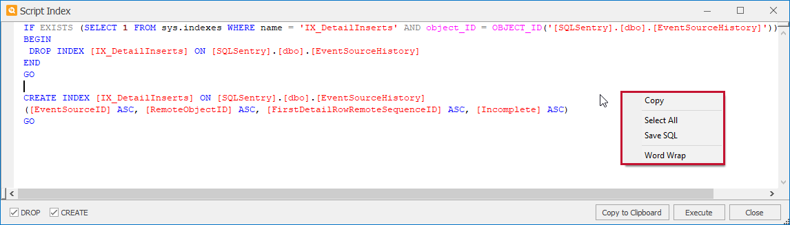 SQL Sentry Plan Explorer Script Index window context menu