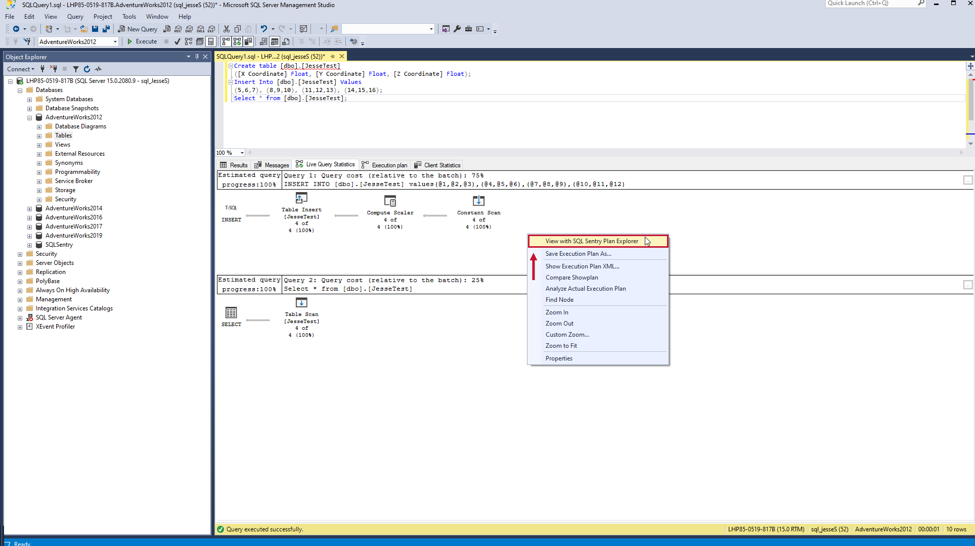 SQL Sentry Plan Explorer SSMS View with SQL Sentry Plan Explorer context menu