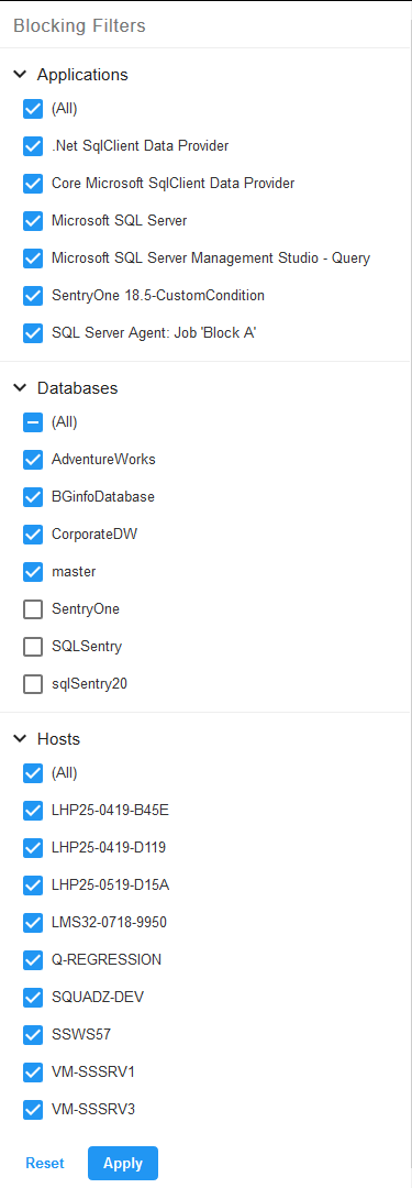 SQL Sentry Portal Blocking Filters Version 2021.18 Blocking Filters that can be applied to Applications, Databases, and Hosts. Checks indicate active filters for the option.