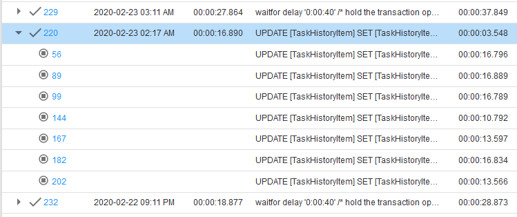 SQL Sentry Portal Head Blocker grid multiple chain blocking example Version 2021.18 Head Blocker table displaying a blocking statement with multiple blocked statements.
