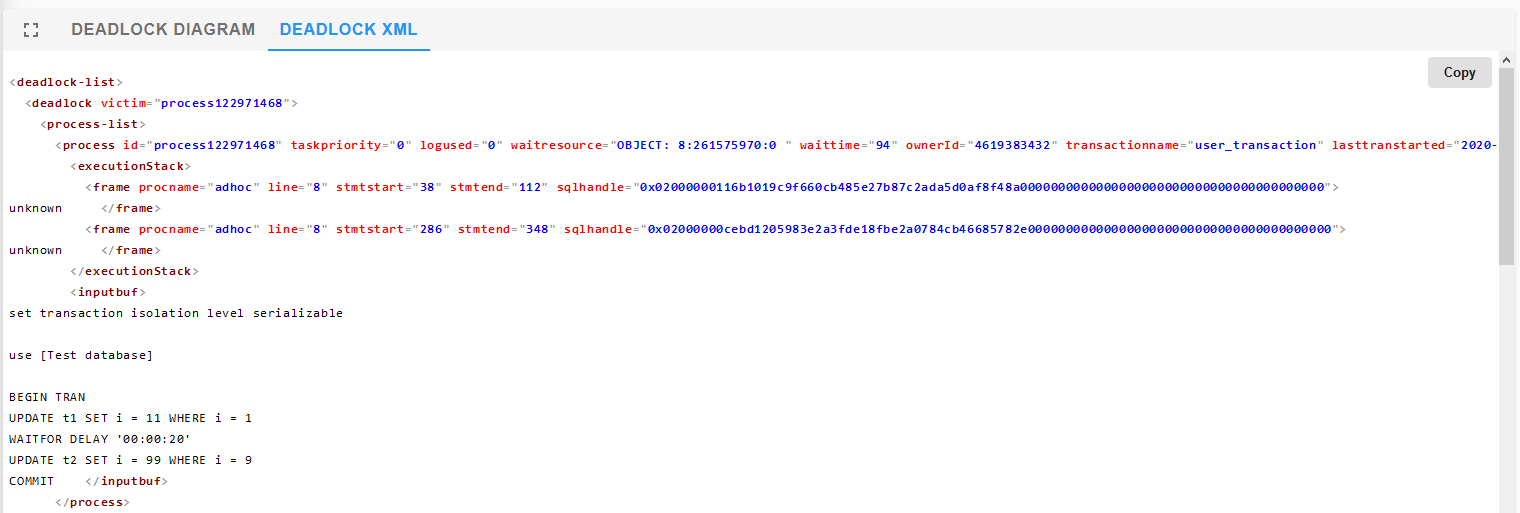 SQL Sentry Portal Deadlocks View XML Version 2021.18 Deadlock XML displaying the deadlock in color coded XML with the option to copy the XML to the clipboard.