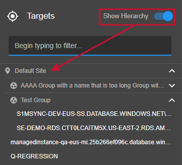 Portal Target filtering view organized by Target hierarchy with Show Hierarchy enabled.