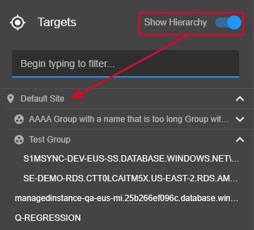 SQL Sentry Portal Target Filtering view Version 2022.1 Portal Target filtering view organized by Target hierarchy with Show Hierarchy enabled.