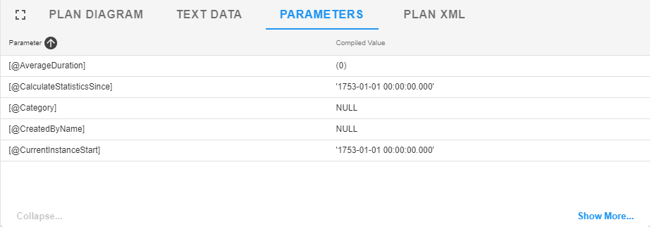 SQL Sentry Portal Top SQL Parameters Version 2023.2 Portal Top SQL tab, Parameters tab displaying compiled values for the selected SQL Statement parameters.