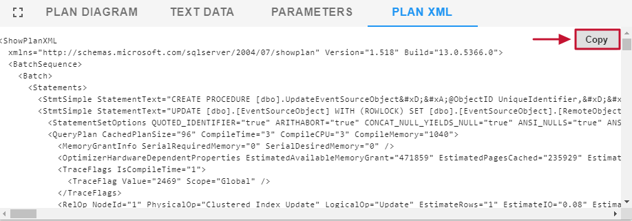 SQL Sentry Portal Top SQL Plan XML Version 2023.2 Portal Top SQL tab, Plan XML tab displaying the plan XML for a selected SQL statement and highlighting the Copy button.