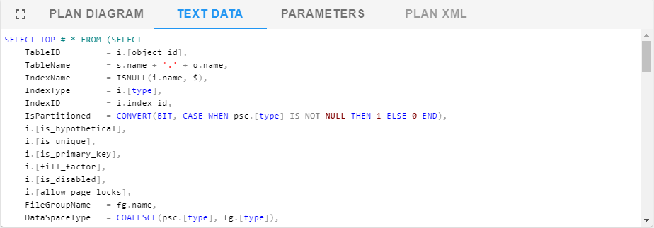 Portal Top SQL tab, Text Data displaying a formatted and syntax color-coded copy of the selected SQL statement.