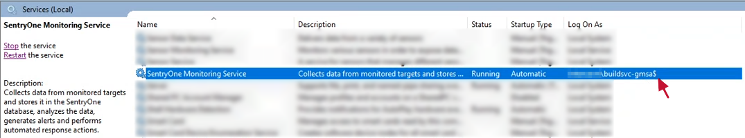 Example of SentryOne monitoring service running under gMSA Example of SentryOne monitoring service running under gMSA