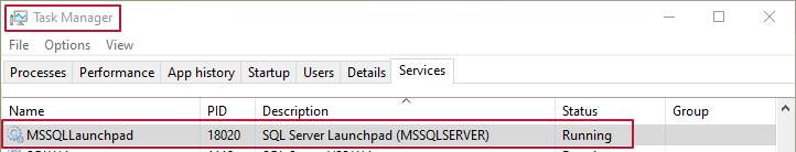 Task Manager verify that SQL Server Launchpad is running