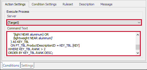 SQL Sentry Conditions pane Action Settings Execute Process Version 2021.18 Conditions pane Action Settings Execute Process