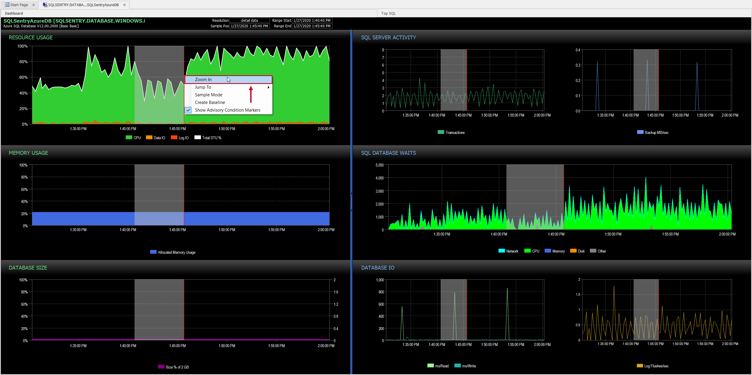 SQL Sentry Azure SQL Database Zoom In through the context menu Version 20.0 Azure SQL Database Zoom In through the context menu