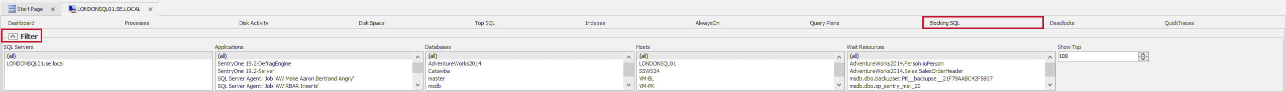 SQL Sentry Blocking SQL tab Filter Version 2021.12 Blocking SQL tab Filter
