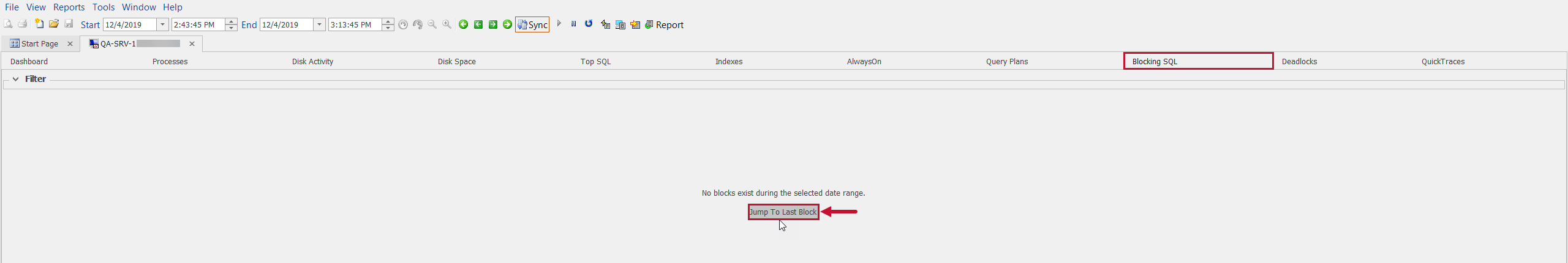 SQL Sentry Blocking SQL tab Jump To Last Block button Version 2021.12 Blocking SQL tab Jump To Last Block button