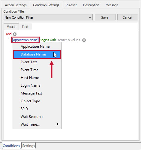 SQL Sentry Condition Settings add Database Name filter Version 2021.18 Condition Settings add Database Name filter
