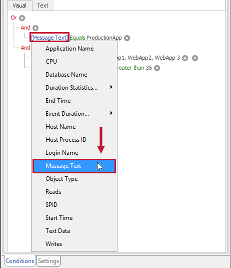 SQL Sentry Condition Settings Message Text filter option Version 2021.18 Condition Settings Message Text filter option