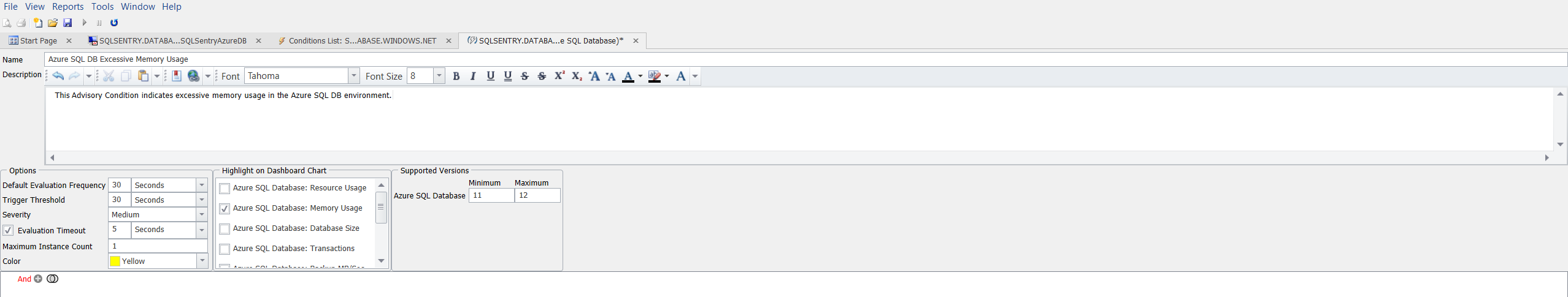 SQL Sentry Azure SQL Database Create Custom Advisory Condition Version 20.0 Azure SQL Database Create Custom Advisory Condition