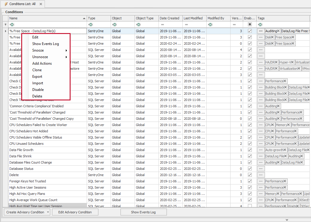 SQL Sentry Conditions List Context Menu Options Version 2021.18 SQL Sentry Conditions List Context Menu Options