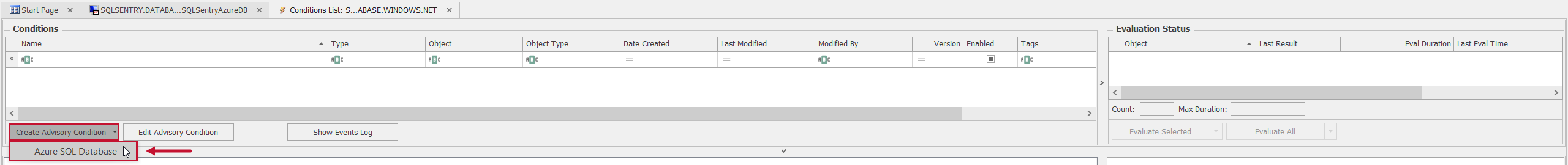 SQL Sentry Azure SQL Database Create Advisory Condition Azure SQL Database Version 20.0 Azure SQL Database Create Advisory Condition Azure SQL Database