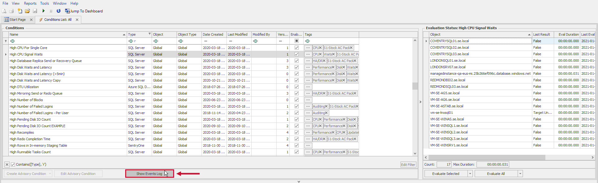 SQL Sentry Conditions List Show Events Log Version 2021.18 Conditions List Show Events Log