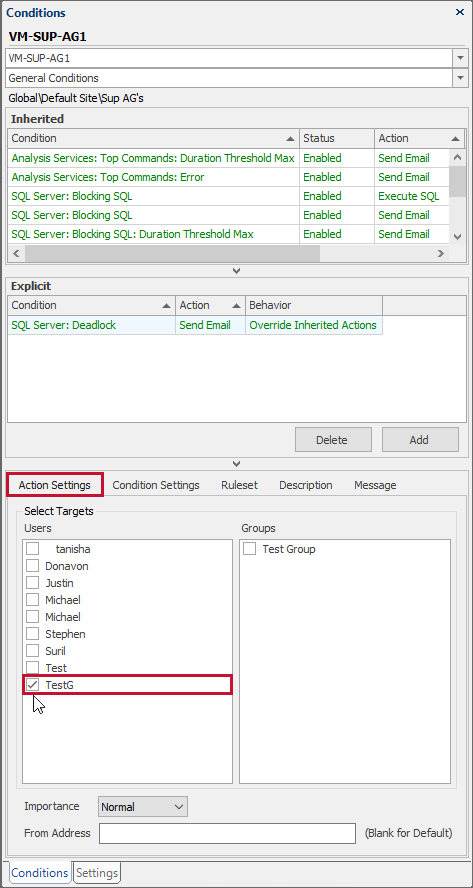 SQL Sentry Conditions Pane Actions Settings select target to email Version 2021.18 Conditions Pane Actions Settings select target to email