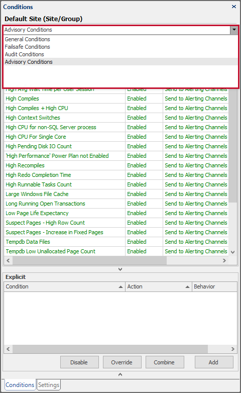 SQL Sentry Conditions pane Condition dropdown Version 2021 SQL Sentry Condition  pane Condition dropdown