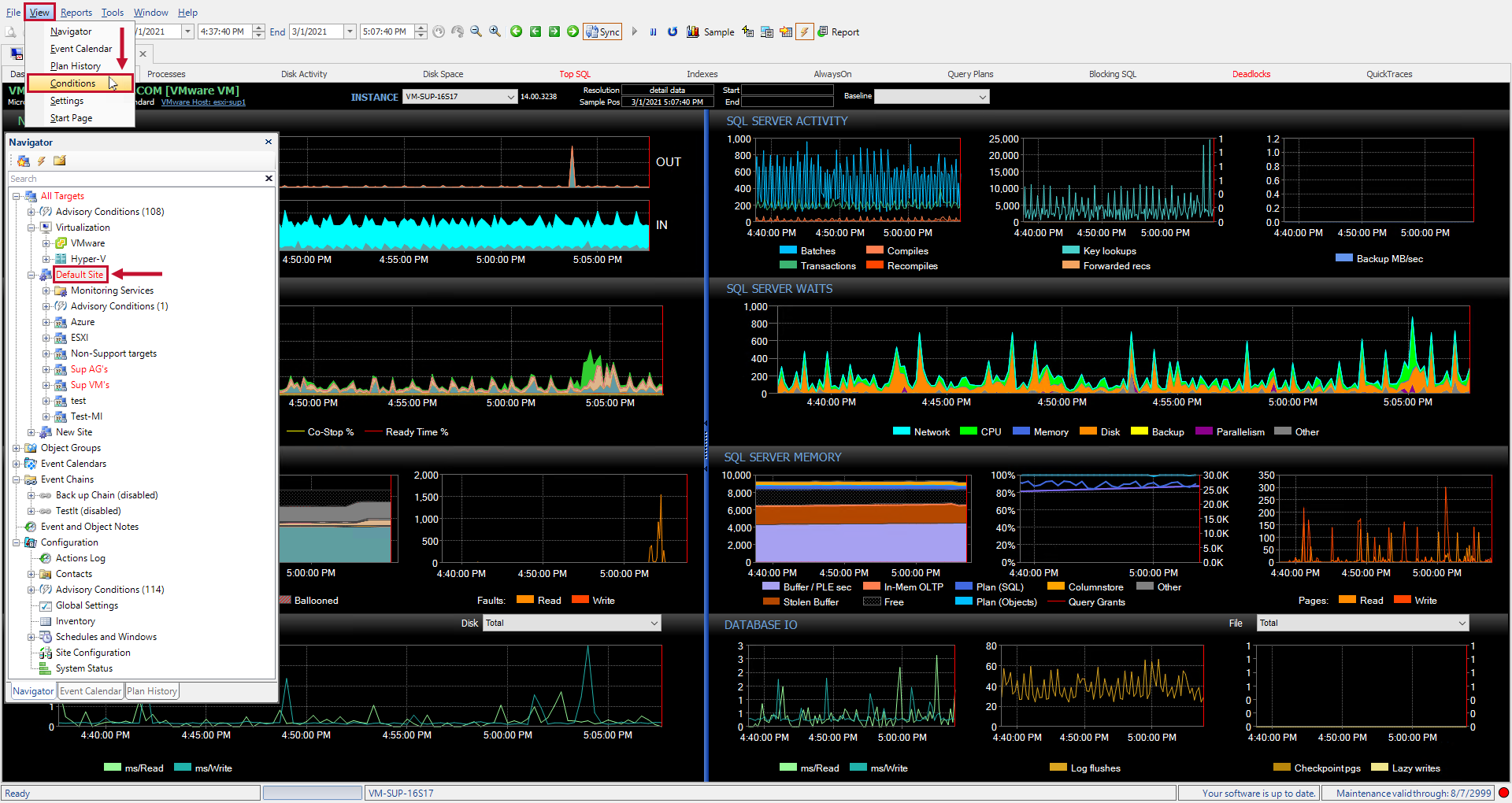 SQL Sentry select Site and Open Condition Pane Version 2021.18.1 Select Site and Open Conditions pane