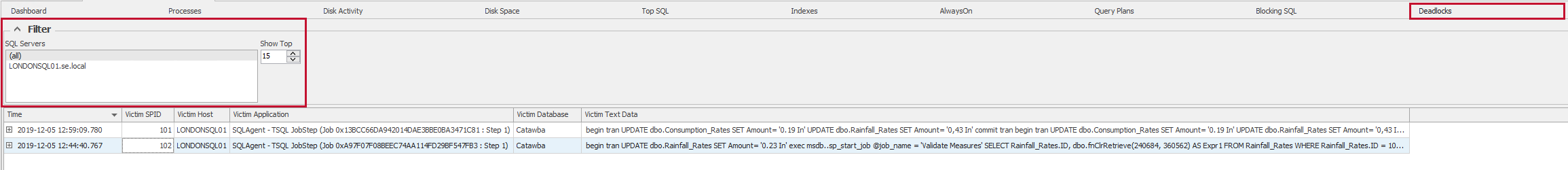SQL Sentry Deadlocks tab top pane Filter Version 2021.12 Deadlocks tab top pane Filter