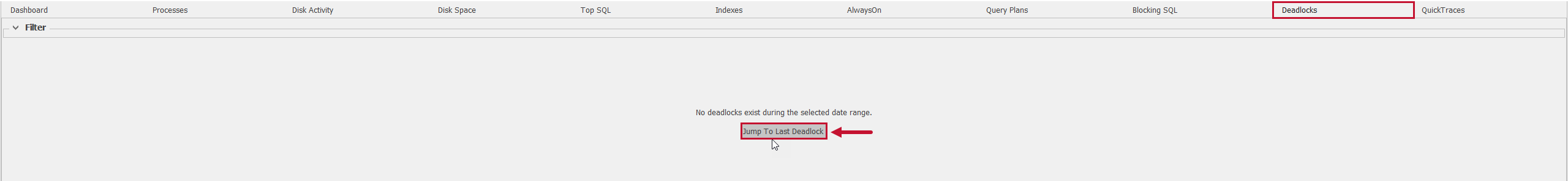 SQL Sentry Deadlocks tab Jump To Last Deadlock button Version 2021.12 Deadlocks tab Jump To Last Deadlock button
