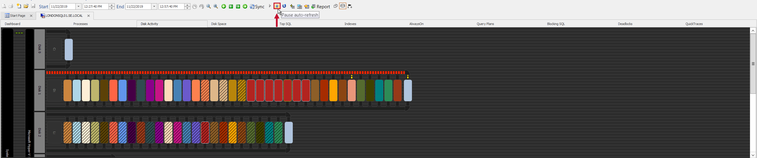 SQL Sentry Disk Activity tab History mode toolbar buttons Version 20.0 Disk Activity tab History mode toolbar buttons