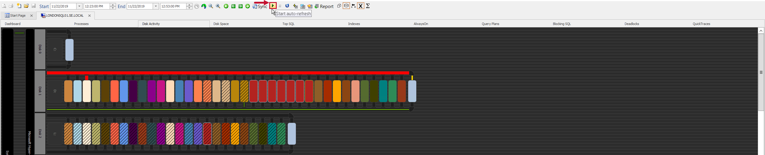 SQL Sentry Disk Activity tab Auto Refresh toolbar button Version 20.0 Disk Activity tab Auto Refresh toolbar button