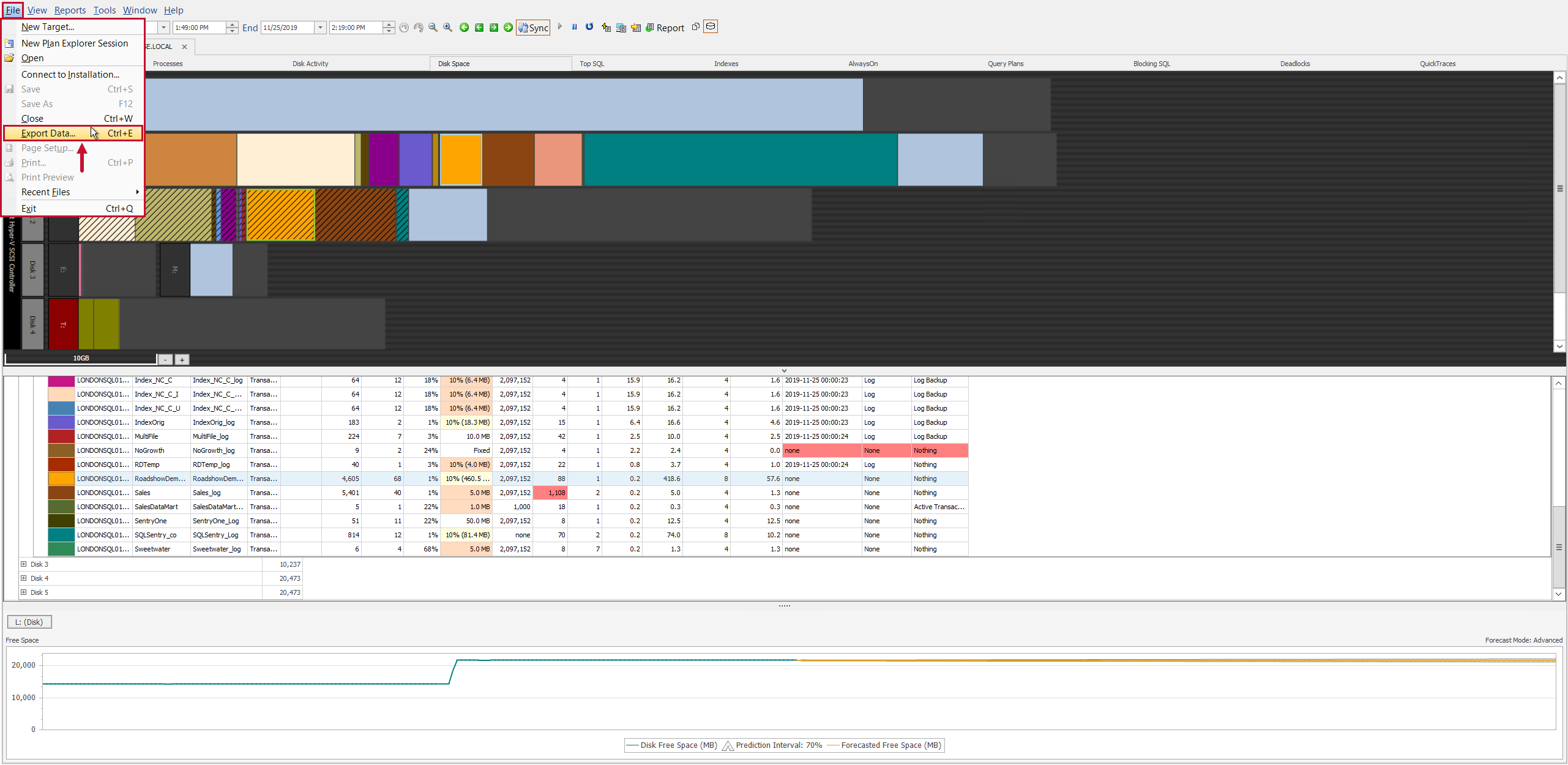 SQL Sentry Disk Space tab File > Export Data Version 20.0 Disk Space tab File > Export Data