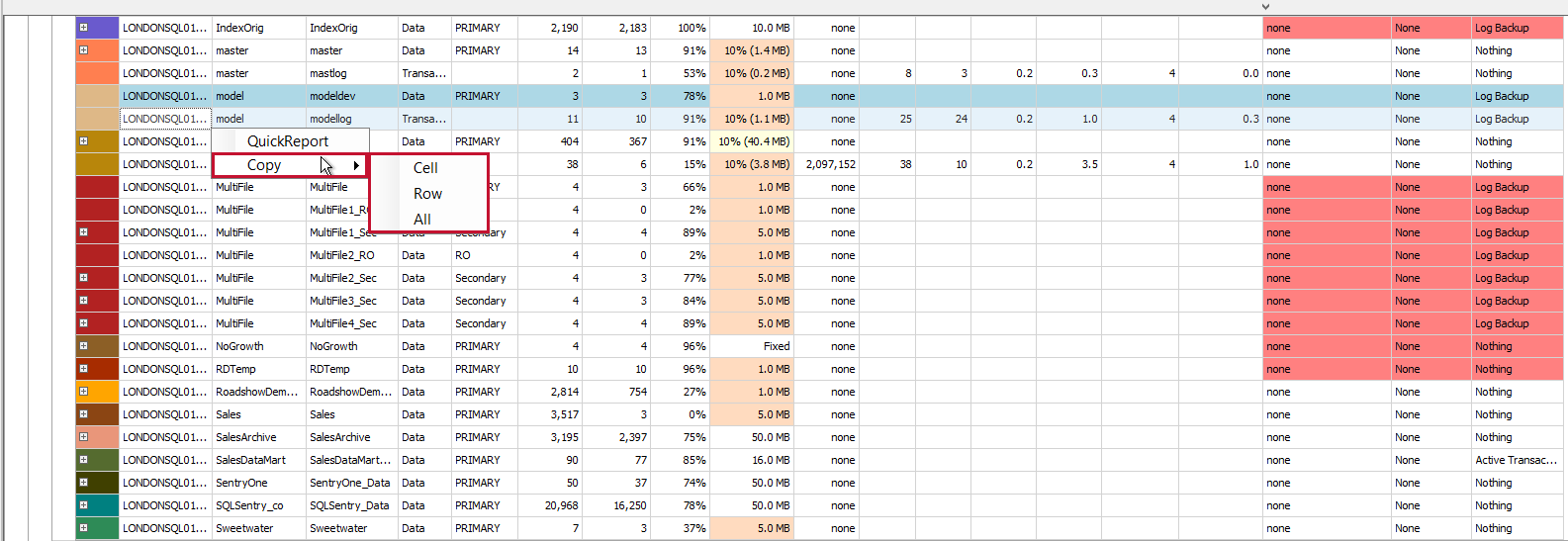 SQL Sentry Disk Space tab Copy context menu option Version 20.0 Disk Space tab Copy context menu option