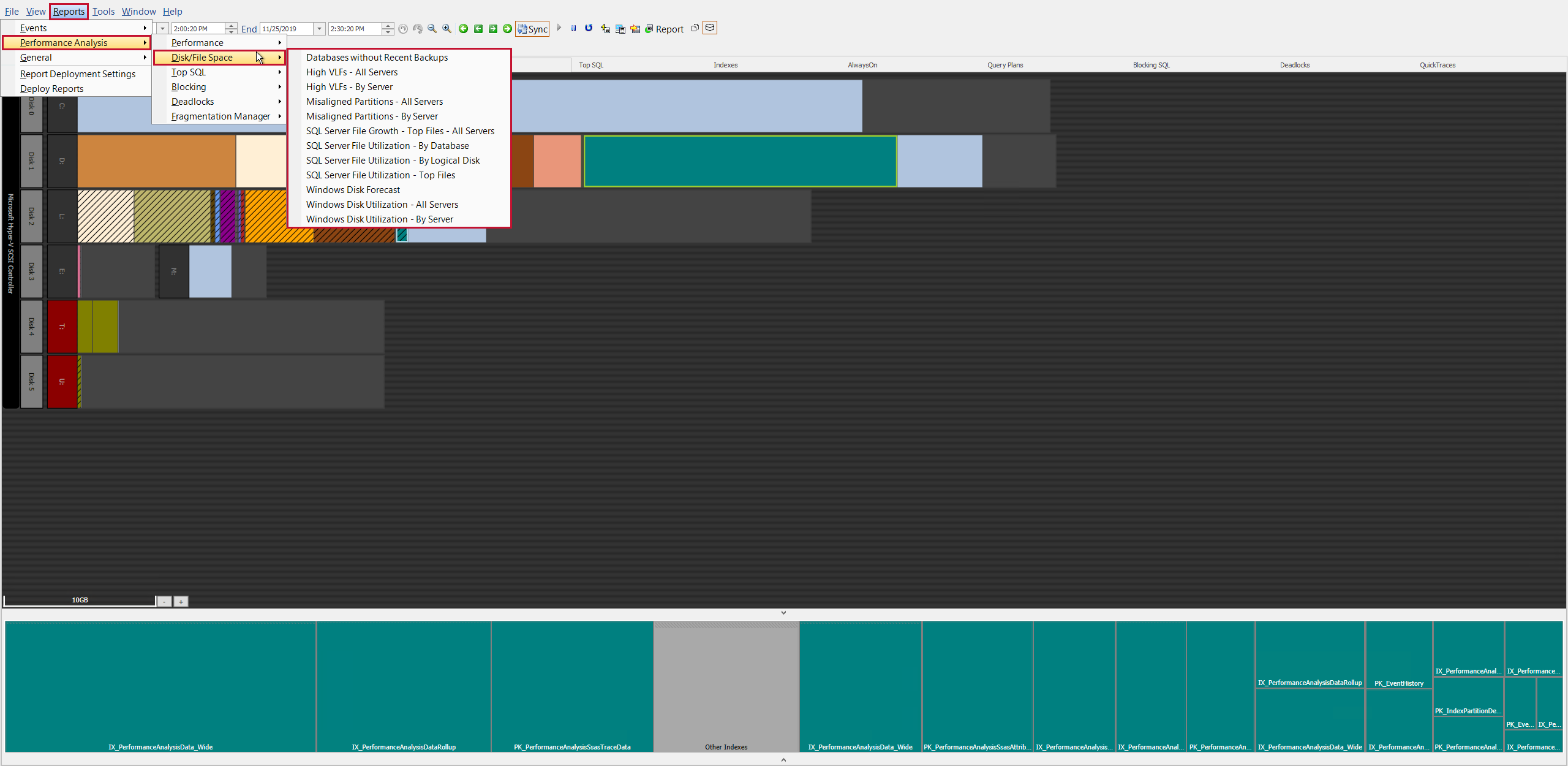 SQL Sentry Disk Space tab Reports > Performance Analysis > Disk/File Space Version 20.0 Disk Space tab Reports > Performance Analysis > Disk/File Space