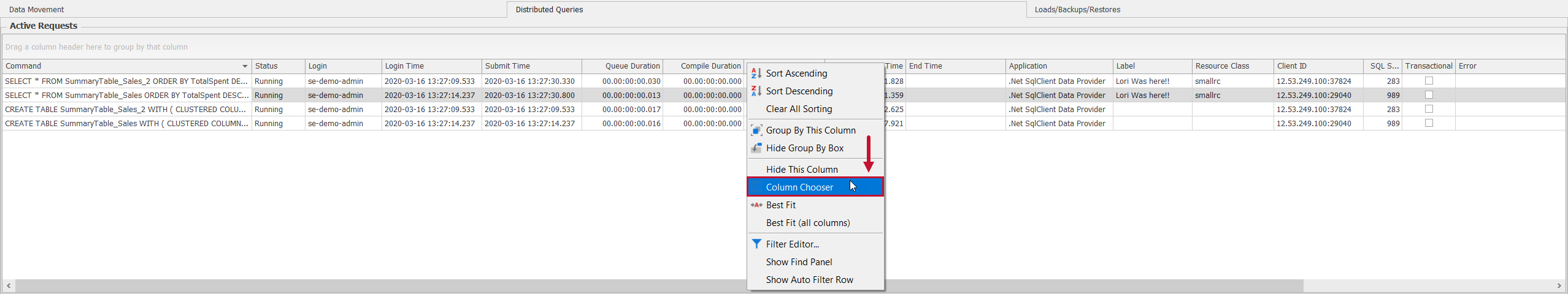 SQL Sentry Azure Synapse SQL Pool Distributed Queries Active Requests Column Chooser Distributed Queries Active Requests Column Chooser