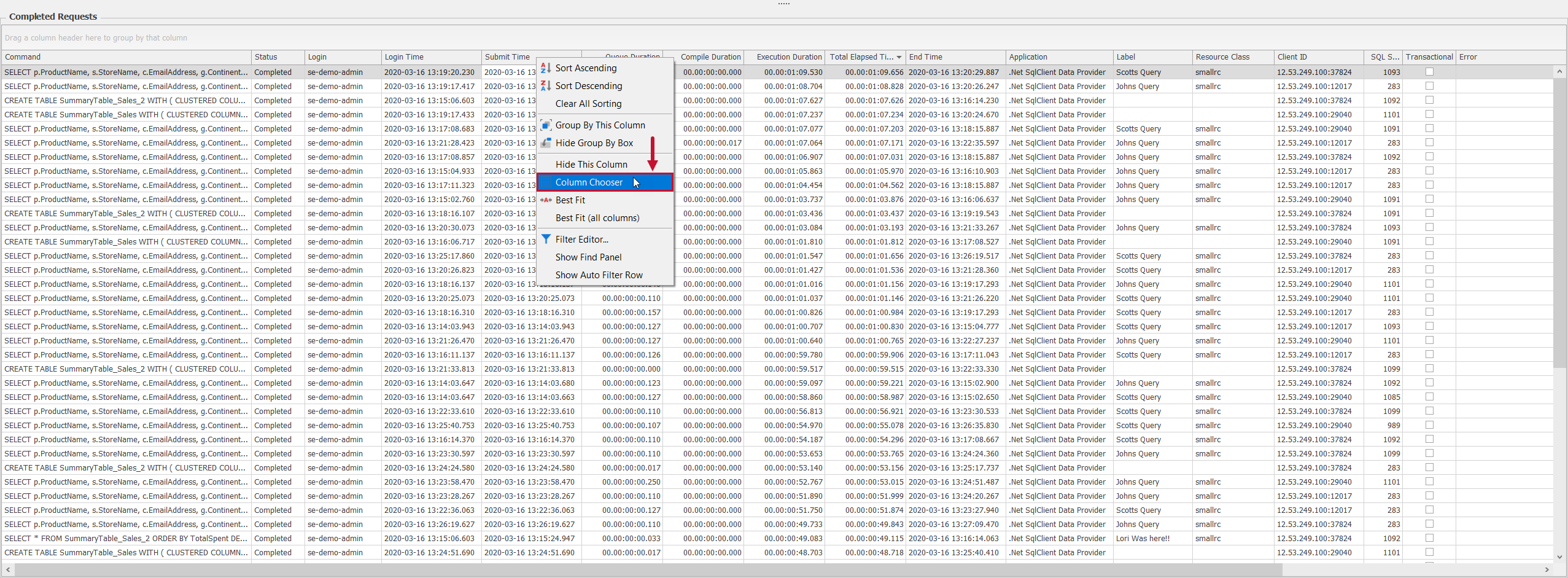 SQL Sentry Azure Synapse SQL Pool Distributed Queries Completed Requests Column Chooser Distributed Queries Completed Requests Column Chooser