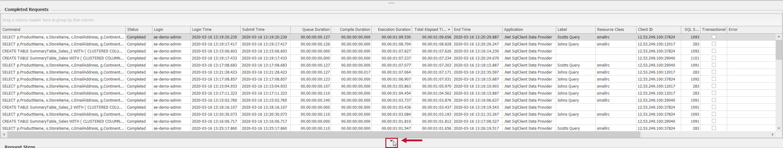 SQL Sentry Azure Synapse SQL Pool Distributed Queries Expand Completed Requests grid Distributed Queries Expand Completed Requests grid