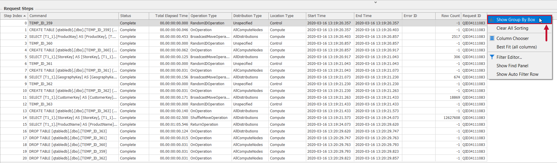 SQL Sentry Azure Synapse SQL Pool Distributed Queries Show Group by box Distributed Queries Show Group by box